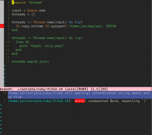 A vim buffer showing errors from Syntastic checking the file